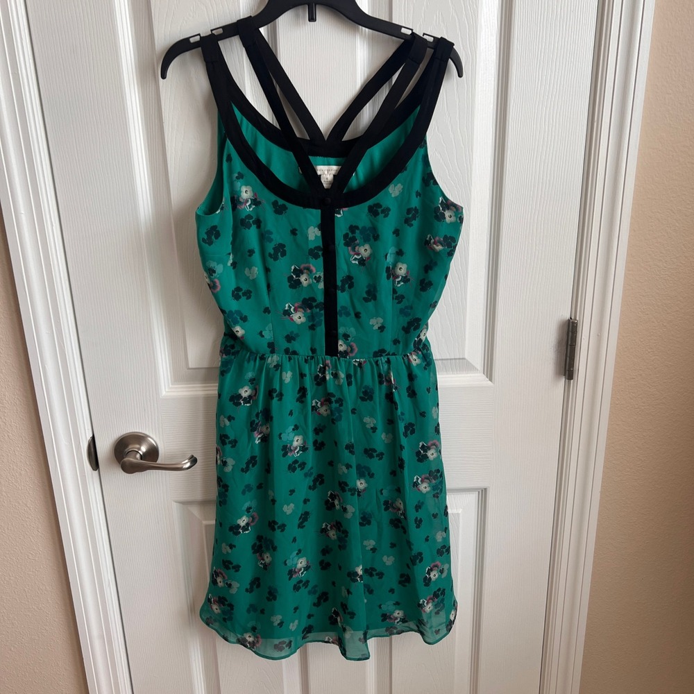 Lauren Conrad Floral Print Dress Sleeveless Green‎ Black Trim Casual Summer 6